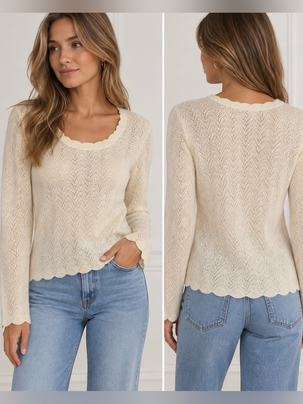 Ann Taylor Cream 100% Cashmere Knit Scalloped Scoop Long Sleeve Sweater Small